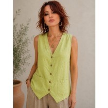 Boutique Bade Pamuk Keten Cep Detaylı Yelek Bluz