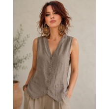 Boutique Bade Pamuk Keten Cep Detaylı Yelek Bluz