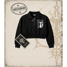 Tarzsokak Gotik & Grunge Streetwear Cat Retro (5) Yarım Fermuarlı Crop  Sweatshirt