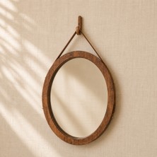 Debreli Ahşap Ahşap Çerçeveli Deri Askılı Oval Duvar Aynası (40X60 Cm)