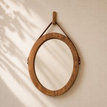 Debreli Ahşap Ahşap Çerçeveli Deri Askılı Oval Ayna (50X35 Cm)