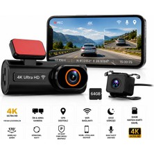 Teknofaji 4K Ön Arka Mini Araç Kamerası Ultra Hd Gps Wifi Gece Görüşü 64GB Hafıza