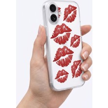 Mabelme Iphone 17 Kırmızı Dudak / Öpücük Desenli Şeffaf Telefon Kılıfı