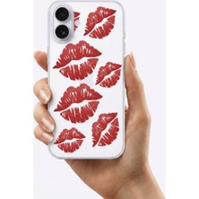 Mabelme Iphone 15 Kırmızı Dudak / Öpücük Desenli Şeffaf Telefon Kılıfı