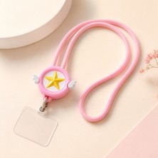 Aksesuarda Universal 60 cm Yıldız ve Kanat Figürlü Pembe Telefon Boyun Askısı Şeffaf Bağlantı Aparatlı Cep Telefonu Taşıma Ipi Uzun Askılı Telefon Aksesuarı