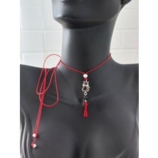Luna Luster 925 Ayar Gümüş Zirkon Taşlı Kırmızı Ip Kedi Püskültasarım Choker Kadın Kolye