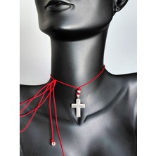 Luna Luster 925 Ayar Gümüş Zirkon Taşlı Kırmızı Ip Haç Tasarım Choker Kadın Kolye