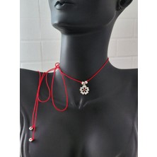 Luna Luster 925 Ayar Gümüş Zirkon Taşlı Kırmızı Ip Lotus Çiçek Tasarım Choker Kadın Kolye