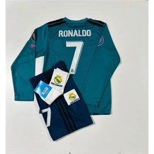 Ozsports Real Madrid 2018 Cristiano Ronaldo Turkuaz Röveşata Uzun Kol Çocuk Forması (Armalı Set)