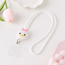 Aksesuarda Universal 60 cm Pembe Fiyonklu Ördek Figürlü Beyaz Telefon Boyun Askısı Şeffaf Bağlantı Aparatlı Cep Telefonu Taşıma Ipi Uzun Askılı Telefon Aksesuarı
