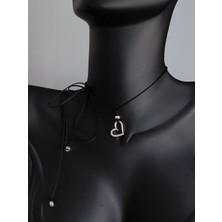 Luna Luster 925 Ayar Gümüş Zirkon Taşlı Siyah Ip Kalp Tasarım Choker Kadın Kolye