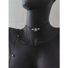 Luna Luster 925 Ayar Gümüş Zirkon Taşlı Siyah Lotus Çiçek Tasarım Choker Kadın Kolye