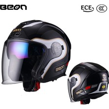 Beon B-203 Güneş Gözlüklü Yazlık Yarım Kask Siyah Beyaz Gold Larg