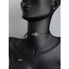 925 Ayar Gümüş Zirkon Taşlı Siyah Ip Yonca Şans Tasarım Choker Kadın Kolye