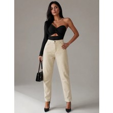 Shevega Kadın Krem Mom Jeans Boyfriend Keten Pantolon