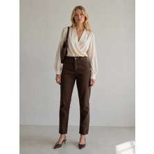 Shevega Kadın Kahverengi Mom Jeans Boyfriend Keten Pantolon