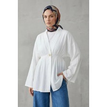 Modestim Kadın Düğme Detaylı Beli Lastikli Çilek Kumaş Yazlık Ince Ekru Tesettür Hırka Kap