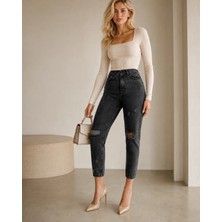 Shevega Füme Yüksek Bel Diz Yırtık Detaylı Boyfriend Mom Jean Kot Pantolon