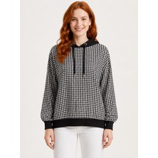 Neden Tekstil Kadın Kapüşonlu Siyah Beyaz Kareli Sweatshirt