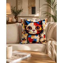 Velnox Renkli Mozaik Desenli Sevimli Kedi Figürlü Dekoratif Kırlent Kılıfı 43X43 cm Dijital Baskılı Yastık Kılıfı