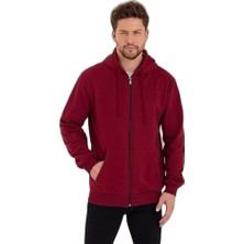 YM PAZARLAMA Erkek 3 İplik Pamuklu Tam Fermuarlı Kapüşonlu Kanguru Cepli Düz Hoodie Sweatshirt - Bordo