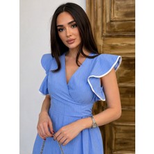Moda Leyra Kadın Mavi Renk Çizgili Kruvaze Yaka Fırfır Kol Detaylı Midi Elbise