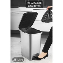 St. Morritz Pedallı Gri Banyo Mutfak Çöp Kovası Siyah Kapaklı Slim Pedallı Çöp Kovası 25LITRE