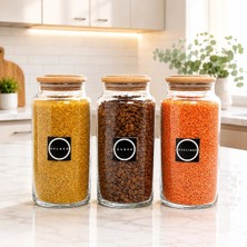 St. Morritz 6'lı Ahşap Vakum Kapaklı Cam Bakliyat Erzak Saklama Seti 1400 ml Etiket Hediyeli