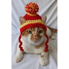 St. Morritz Sarı Kırmızı Taraftar Bere Örgü Kedi Köpek Şapkası Evcil Hayvan Şapkası Pet Aksesuarları