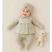 Babys Tasarım Yenidoğan Kız Bebek 5’li Kutulu Waffle Takım Fistolu Yaka Işlemeli Elbise Pantolon Şapka Önlük Eldiven Hastane Çıkışı
