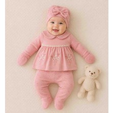 Babys Tasarım Yenidoğan Kız Bebek 5’li Kutulu Waffle Takım Fistolu Yaka Işlemeli Elbise Pantolon Şapka Önlük Eldiven Hastane Çıkışı