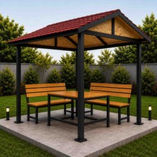 Kumsal Concept Ekonomik Kamelya 250X250 cm - Masif Çam Oturma Gruplu, Şıngıl Çatılı Metal Bahçe Kamelyası Çardak