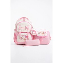 Roxy Kore Kawaii 4'lü Okul Çantası Seti Ortopedik Sırt Çantası - Twill Kumaş, Termal Beslenme Çantası, Kalemlik ve Cüzdan