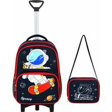 Roxy Lisanslı Çekçekli Lacivert Astronot Space Ilkokul ve Beslenme Çantası Seti ( Sabit Çekçek + Katlanır Ayak )