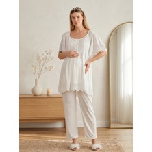Lohussa Yeni Sezon Ekru Fisto Keten Detaylı Tasarım Kolay Emzirme Özellikli Kısa Kollu Hamile Lohusa Pijama Takımı
