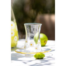 Fiona Premium Çay Seti Koleksiyonu - Şeffaf/sarı Rim Kristal Cam - 12 Parça 170CC Bardak ve Taba