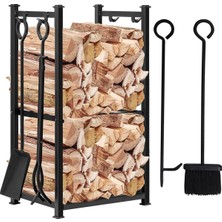 Somıneco 5 Li Ithal Metal Odunluk Raflı Şömine -Soba Maşa Takımı Aksesuar Seti SS-001
