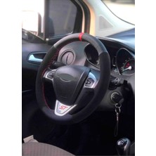 Gürler Fiat Doblo 2010> Uyumlu Direksiyon Kılıfı Dikmeli Alkantara-Karbon Kırmızı Yüzüklü