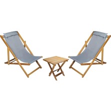 Ahşap Katlanabilir Taşınır Şezlong. Plaj, Bahçe, Teras, Balkon Şezlongu. 3 Lü Set (Gri)