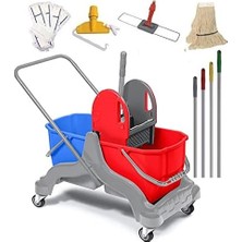 Temizlik Arabası Çift Kovalı Temizlik Seti Mop ve Aparatı - 6 Parça Paspas Arabası - 25 Litre