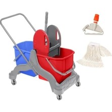 Temizlik Arabası Çift Kovalı Temizlik Seti Mop ve Aparatı -3 Parça Paspas Arabası - 20 Litre