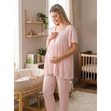 Lohussa Yeni Sezon Pudra Fisto Keten Detaylı Tasarım Kolay Emzirme Özellikli Kısa Kollu Hamile Lohusa Pijama Takımı