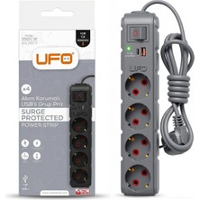 Ufo Yeni 4lü Akım Korumalı Grup Priz 1,5 Metre Bakır Kablolu, 5V 2,4A USB ve Type-C ile Şarj, A