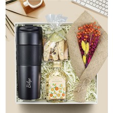 French Press Termos & Tafe Bademli Kurabiye & Buket Çiçek & 100ML Kolonya Hediye Seti