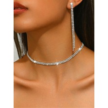 Mupte Jewelry 2 Sıralı Şık Zirkon Taşlı Su Yolu Silver Kolye Küpe Set