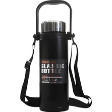 Paslanmaz Çelik 800ML Omuz Askılı El Tutacaklı Süzgeçli Termos Mug - AL5025 (Siyah)