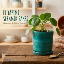 El Yapımı Seramik Saksı & Altlık Seti Doğal Turkuaz Efektli – Dekoratif ve Fonksiyonel Tasar�