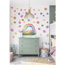 Gökkuşağı ve Çiçek Desenli Duvar Sticker – Mat Pvc, Kolay Uygulanan, Sökülebilir Dekoratif