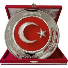 Ayyıldız Türk Bayraklı Filografi Işlemeli Metal Tabak Plaket Kadife Kutulu (Gumus)
