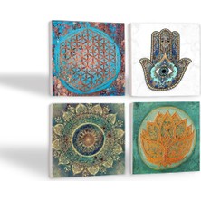 Mandala, Yaşam Çiçeği, Lotus Çiçeği, Fatma Ana Eli (Hamsa) Taş Bardak Altlığı Seti - 4 Pa